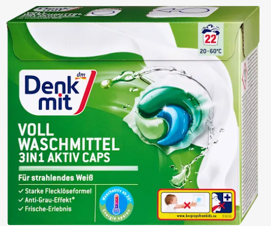 Капсули для прання Denkmit ,білої білизни Vollwaschmittel 3in1 Aktiv Caps, 22 шт