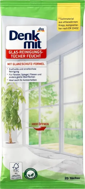 Вологі серветки Denkmit для чищення вікон, дзеркал та скляних поверхонь Feuchte Reinigungstücher für Glas, 20 шт