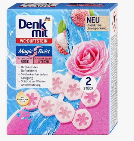 Туалетний блок Denkmit для унітазу Magic Twist з ароматом троянди і лічі, 2 шт