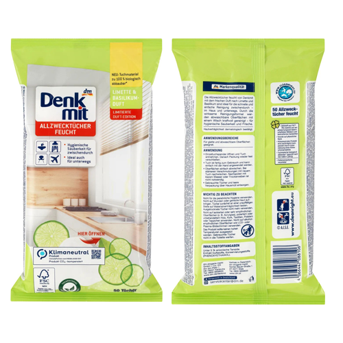 Серветки для прибирання Denkmit Pure Frische з ароматом базиліку та лайму, 50 шт